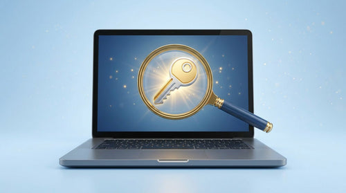 Trouver sa clé de produit Windows : ordinateur portable avec une clé dorée et une loupe