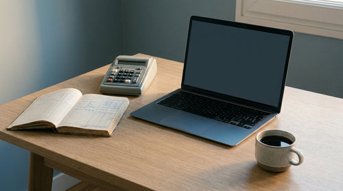 Un bureau avec un ordinateur portable, une calculatrice et un carnet de comptes