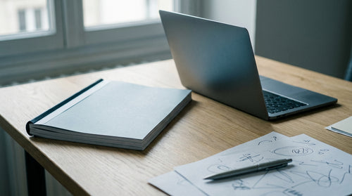 Un document imprimé relié posé à côté d'un ordinateur portable
