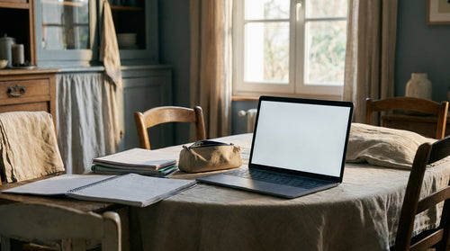 Un ordinateur portable ouvert sur une table avec des cahiers d'école