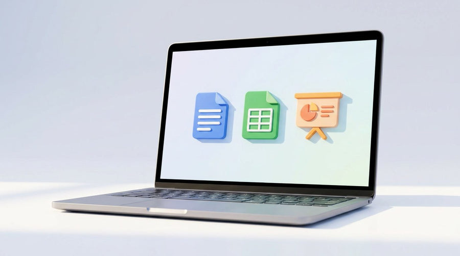 Installer Office sur Mac : ordinateur portable affichant des icônes document, tableur et présentation