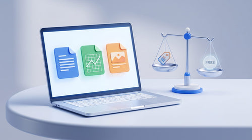 Office gratuit ou licence officielle : ordinateur avec documents et balance comparant gratuit et payant