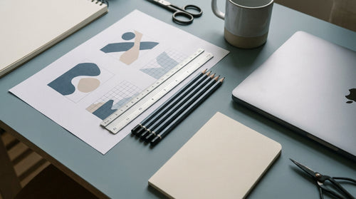Un plan de travail de graphiste avec des maquettes papier et une règle