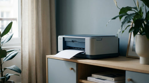 Imprimante de bureau avec une feuille en cours de sortie