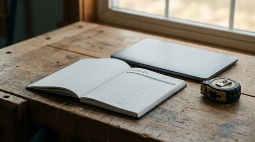 Carnet de devis et ordinateur portable sur un établi d'atelier