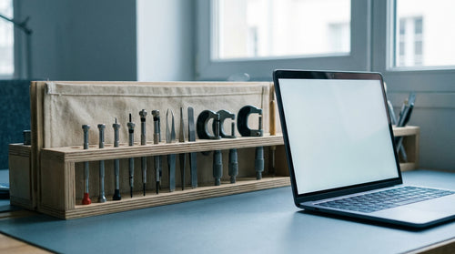 Établi rangé avec outils de précision et ordinateur portable