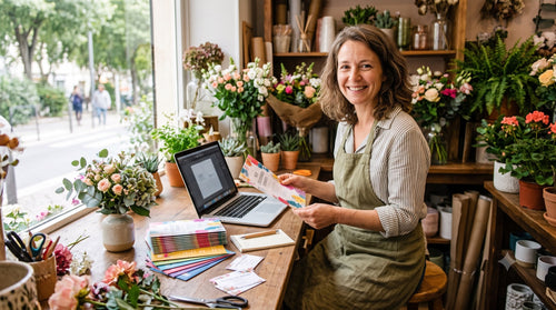 Gérante de boutique de fleuriste créant une brochure imprimée sur son ordinateur portable