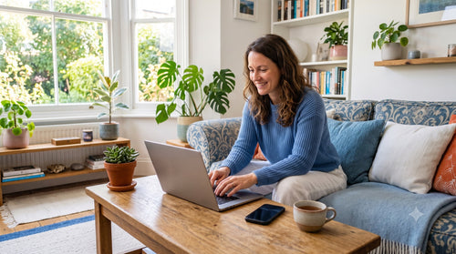Une femme navigue sereinement sur son ordinateur portable à la maison, protégée par son antivirus