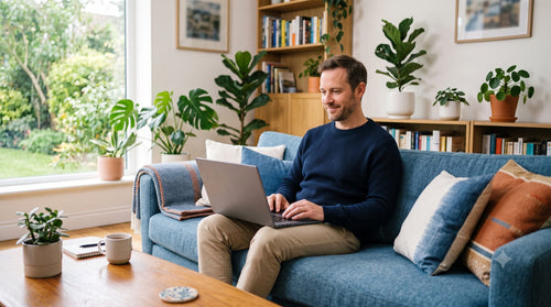 Un homme navigue sereinement sur son ordinateur portable à la maison, protégé par un antivirus