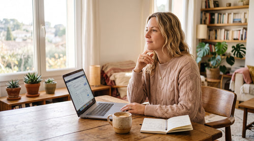 Une femme pèse le choix entre antivirus gratuit et payant devant son ordinateur