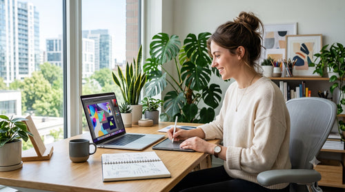Une graphiste travaille en confiance sur son Mac, protégé par un antivirus léger