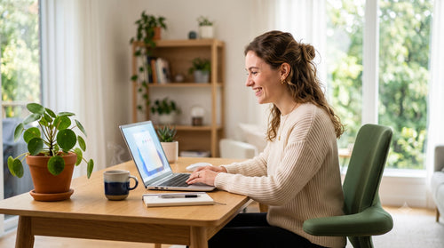 Une femme profite d'un PC rapide, propre et sécurisé grâce à une suite tout-en-un