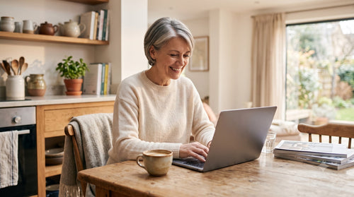 Une femme utilise son PC familial sans effort, protection simple et légère