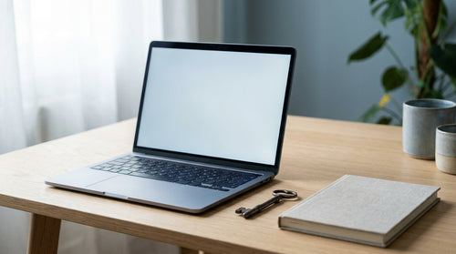 Ordinateur portable ouvert sur un bureau clair