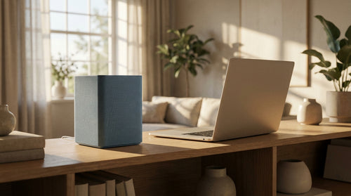 Box internet et ordinateur portable dans un salon