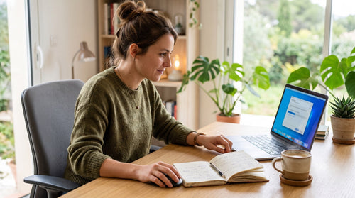 Une femme suit les étapes d'installation d'Office 2024 sur son ordinateur portable