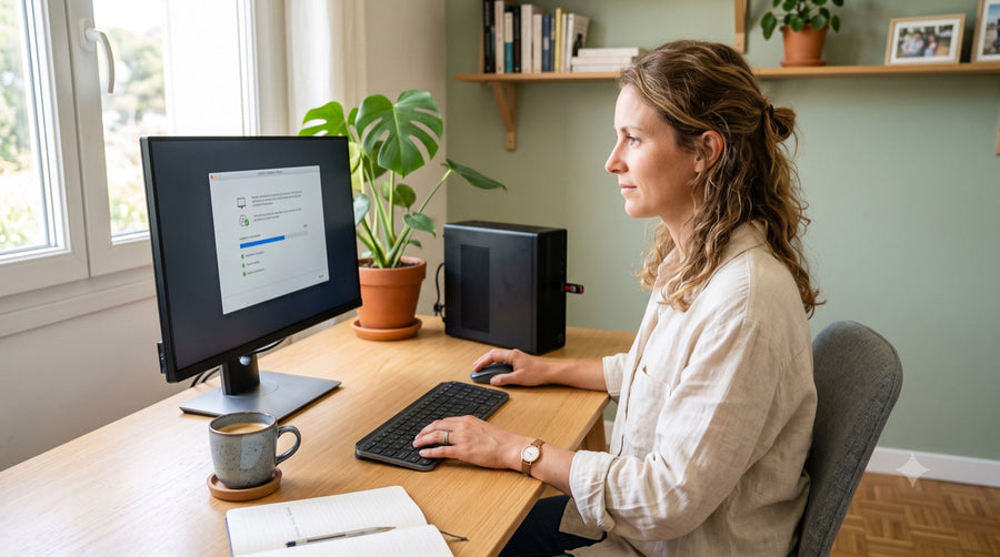 Femme suivant les étapes d'installation de Windows 11 sur son ordinateur de bureau
