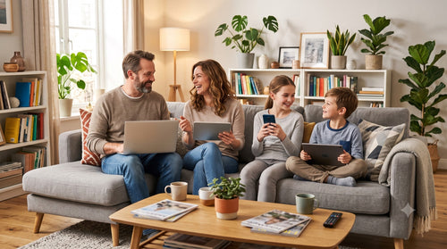 Une famille équipe tous ses appareils (PC, tablette, smartphone) avec un antivirus multi-appareils