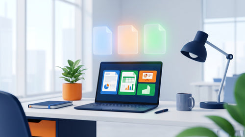 Bureau avec ordinateur portable et trois versions d'Office à comparer : 2021, 2024 et Microsoft 365