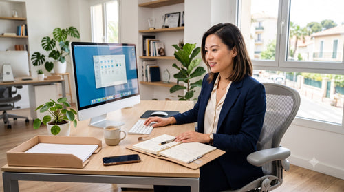 Une entrepreneuse gère son activité avec Office 2024 Pro Plus à son bureau
