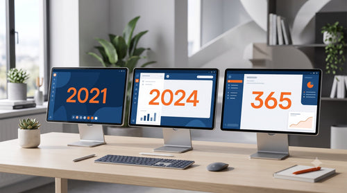 Comparatif des trois versions d'Office en 2026 : 2021, 2024 et Microsoft 365 sur un bureau moderne