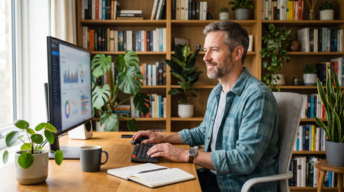 Un freelance travaille sereinement sur Office 2021 Pro Plus, une suite stable et durable