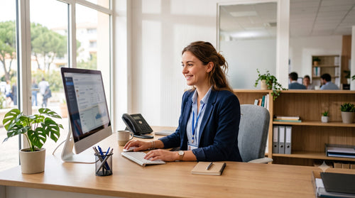 Une réceptionniste travaille sur un poste stable équipé d'Office 2021 Standard
