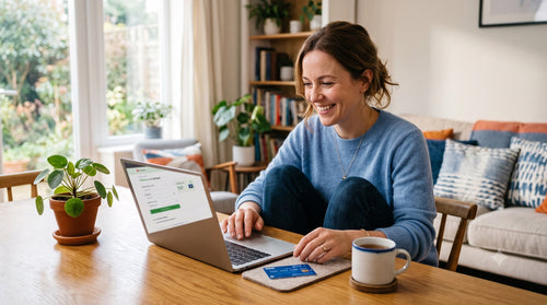 Une personne achète sereinement une licence Office en ligne sur son ordinateur portable à la maison