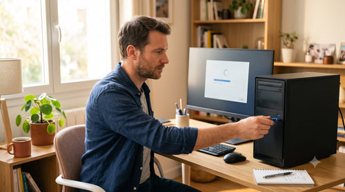 Homme insérant une clé USB dans son ordinateur de bureau pour réinstaller Windows 11