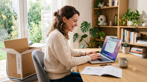 Une femme configure son nouvel ordinateur portable et y réinstalle Office