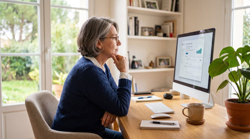Femme réfléchissant à la mise à jour de son PC Windows 10 en fin de support