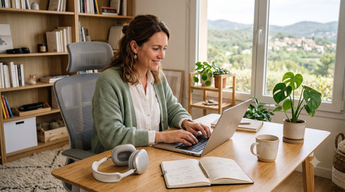 Femme en télétravail travaillant sur son ordinateur portable dans un bureau à domicile