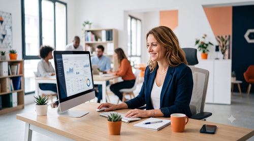 Cheffe d'entreprise travaillant sur un PC Windows 11 Pro dans un bureau de PME lumineux