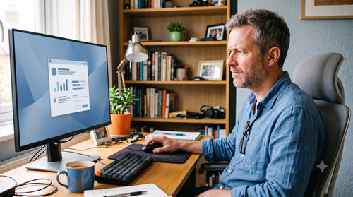 Un homme à son bureau face à son écran Windows 11 fraîchement installé, se demandant s'il doit l'activer