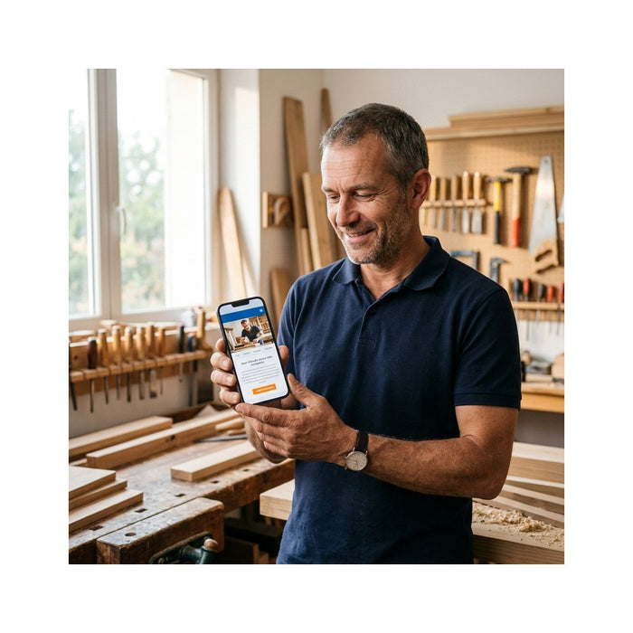 Artisan dans son atelier consultant le site internet de son entreprise sur son téléphone