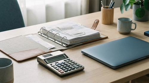 Classeur de factures et calculatrice sur un bureau ordonné