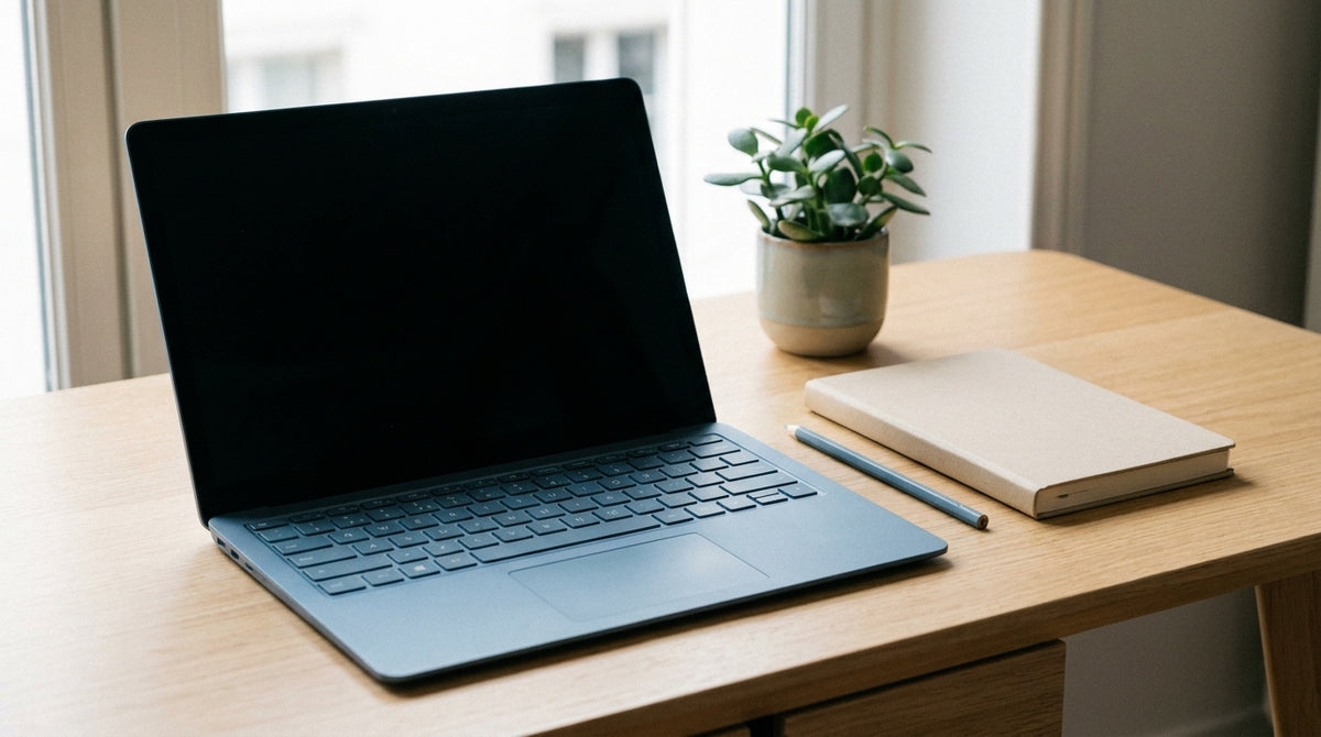 Un MacBook posé sur un bureau clair avec un carnet