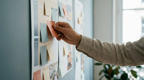 Un mur de bureau couvert de notes adhésives formant un planning