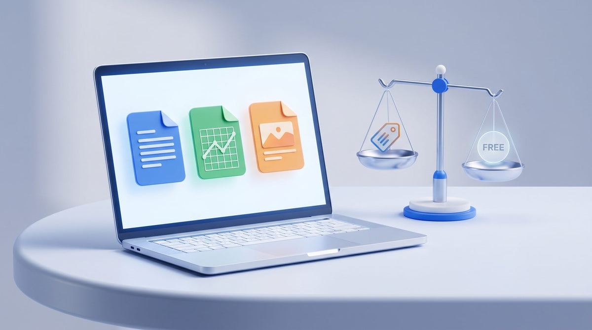 Office gratuit ou licence officielle : ordinateur avec documents et balance comparant gratuit et payant