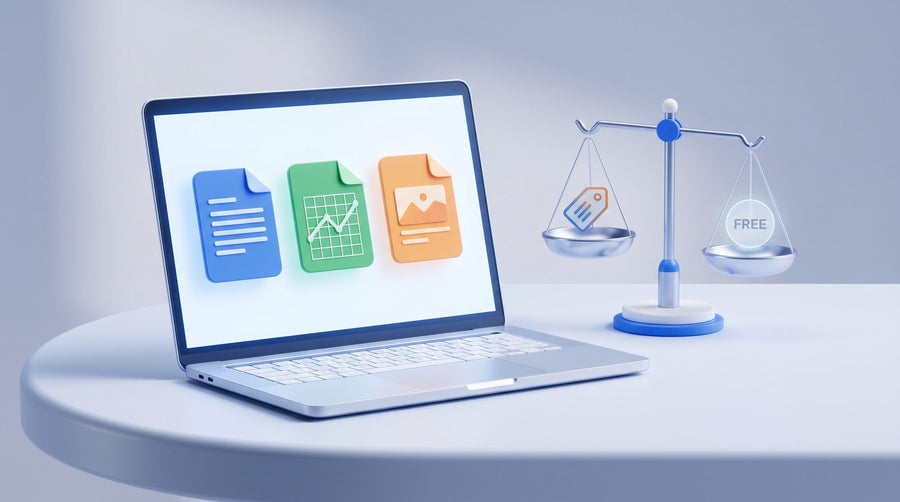 Office gratuit ou licence officielle : ordinateur avec documents et balance comparant gratuit et payant