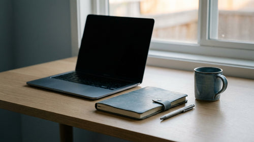 Un ordinateur portable ouvert sur un bureau rangé à côté d'un carnet