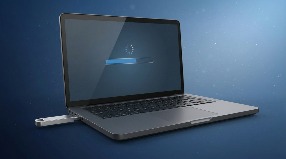 Réinstaller Windows 11 avec une clé USB : ordinateur portable avec clé USB et barre de progression d'installation