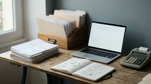 Un bureau d'indépendant avec des factures papier et un ordinateur portable