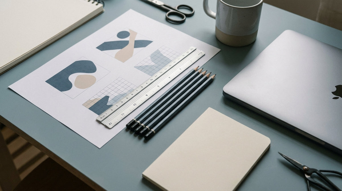 Un plan de travail de graphiste avec des maquettes papier et une règle