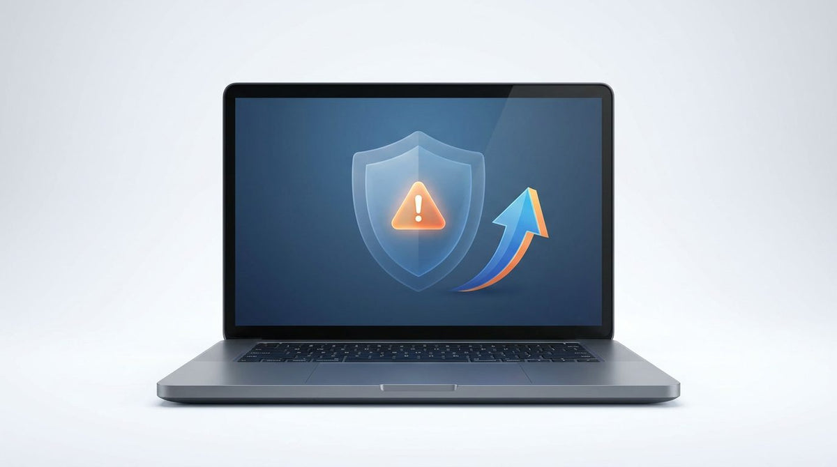 Windows 10 fin de support : ordinateur portable avec bouclier d'alerte et flèche de mise à niveau