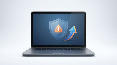 Windows 10 fin de support : ordinateur portable avec bouclier d'alerte et flèche de mise à niveau