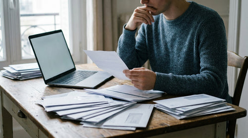 Une personne relit un courrier imprimé à côté d'un ordinateur portable