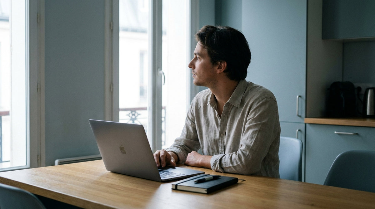 Un ordinateur portable ouvert sur une table avec un carnet et un stylo