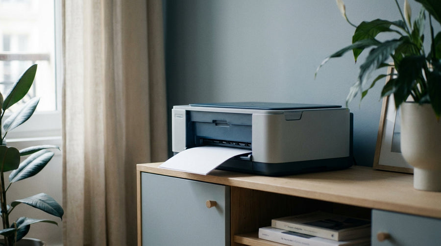 Imprimante de bureau avec une feuille en cours de sortie