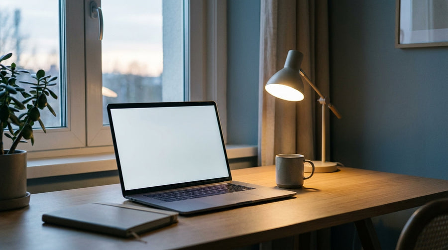 Un poste de travail à domicile avec un ordinateur portable et un carnet